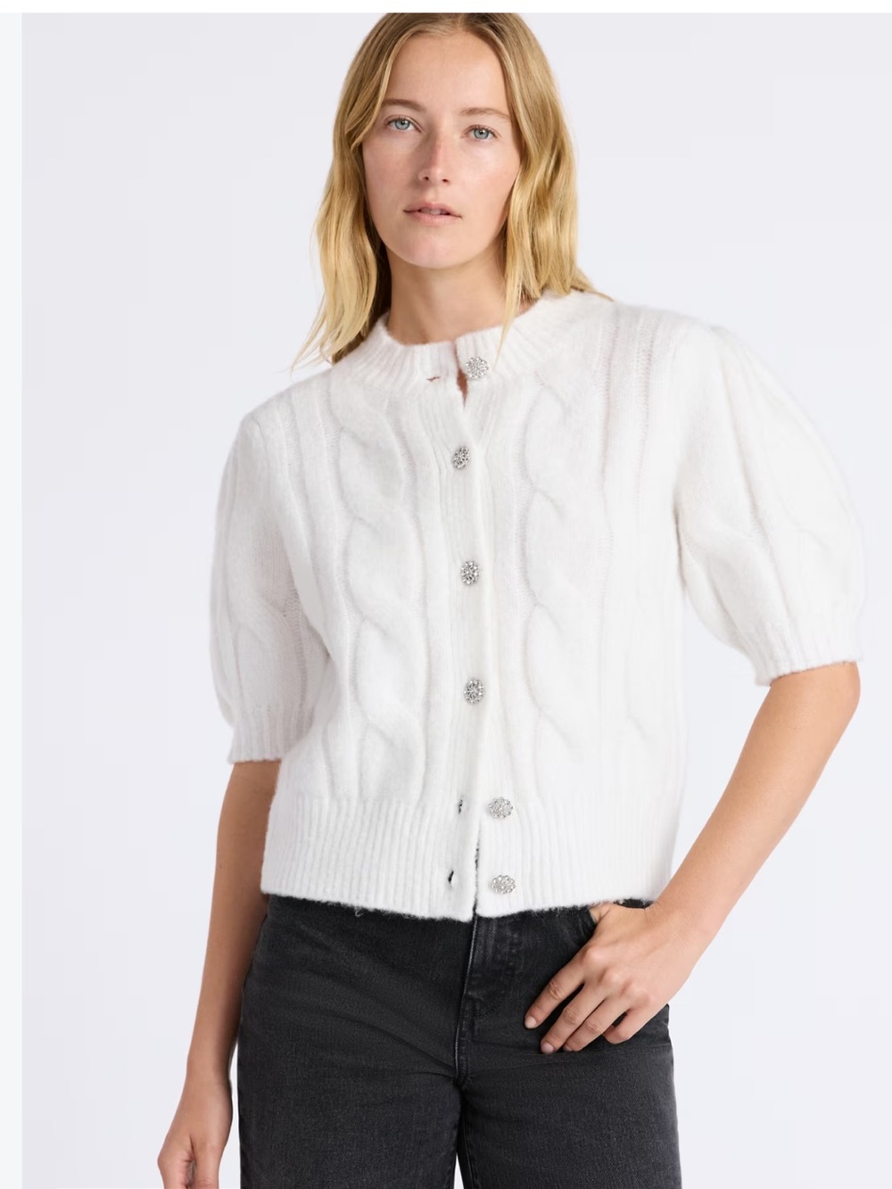 Cropped Cable-Knit Short-Sleeve Cardigan in White with Decorative Buttons